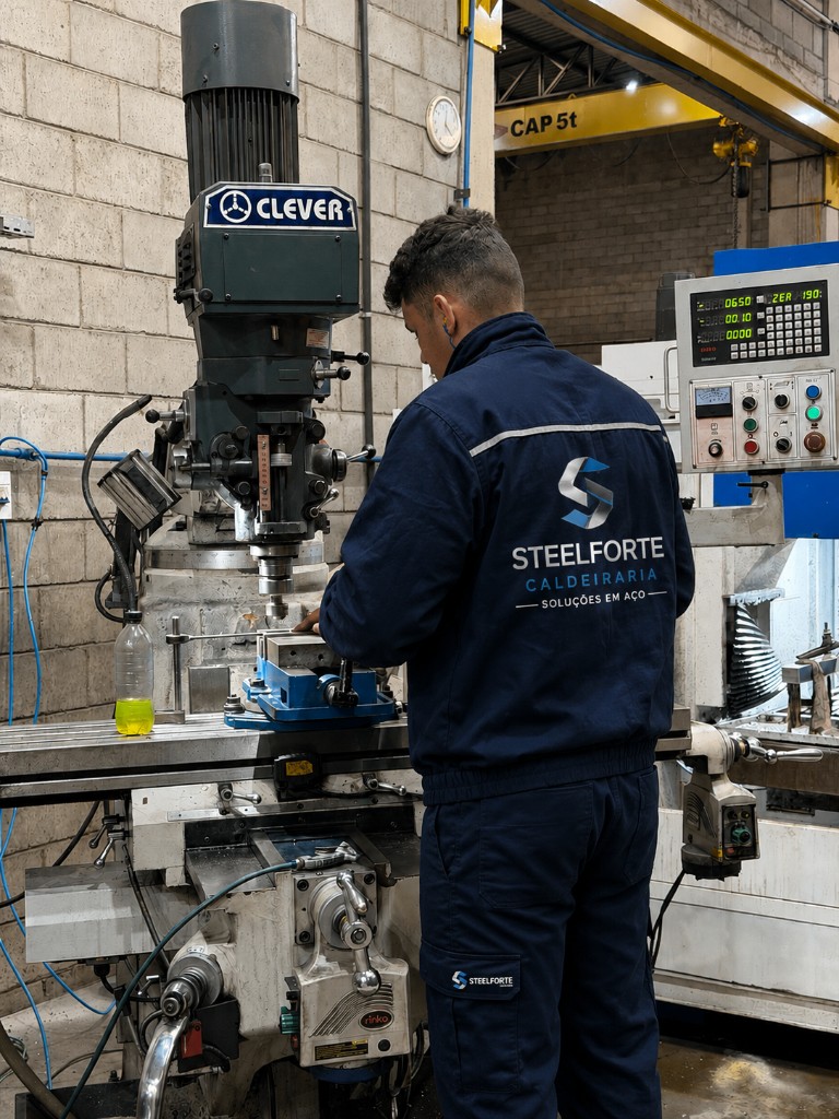 Usinagem em fresadora Clever com operador certificado Operador certificado com uniforme SteelForte realizando usinagem em fresadora Clever com ponte rolante de 5 toneladas ao fundo